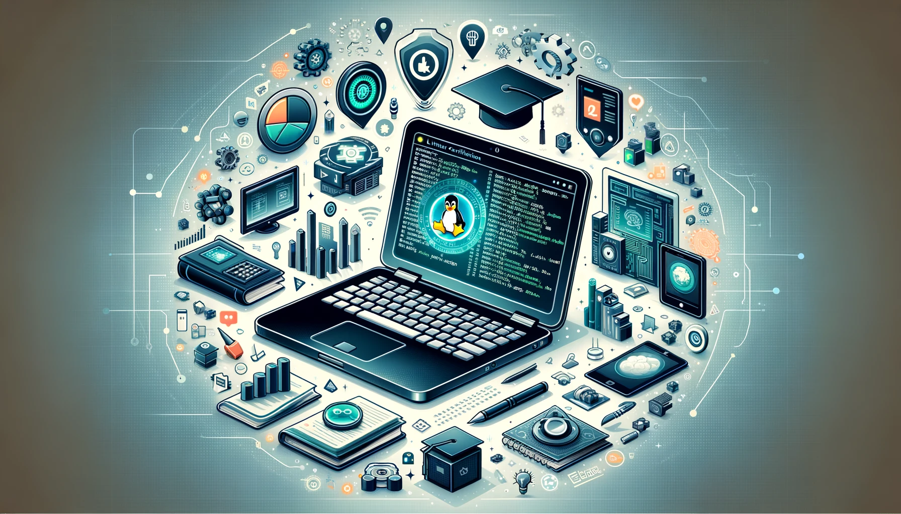 DALL·E 2024-05-21 10.52.00 – Create a detailed and eye-catching image for promoting Linux certification courses. The image should include elements like a sleek laptop with a Linux